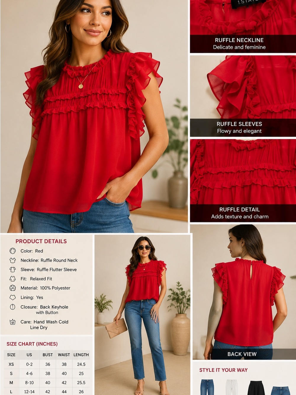 1. State Red Ruffle Flutter Sleeve Blouse